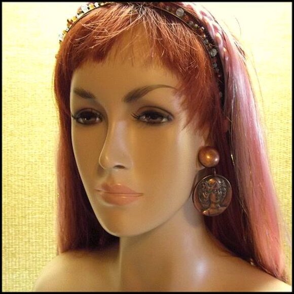 RARE 1960s Art Nouveau Style Lady Pierced Vintage Earrings 15427 - Picture 2 of 6